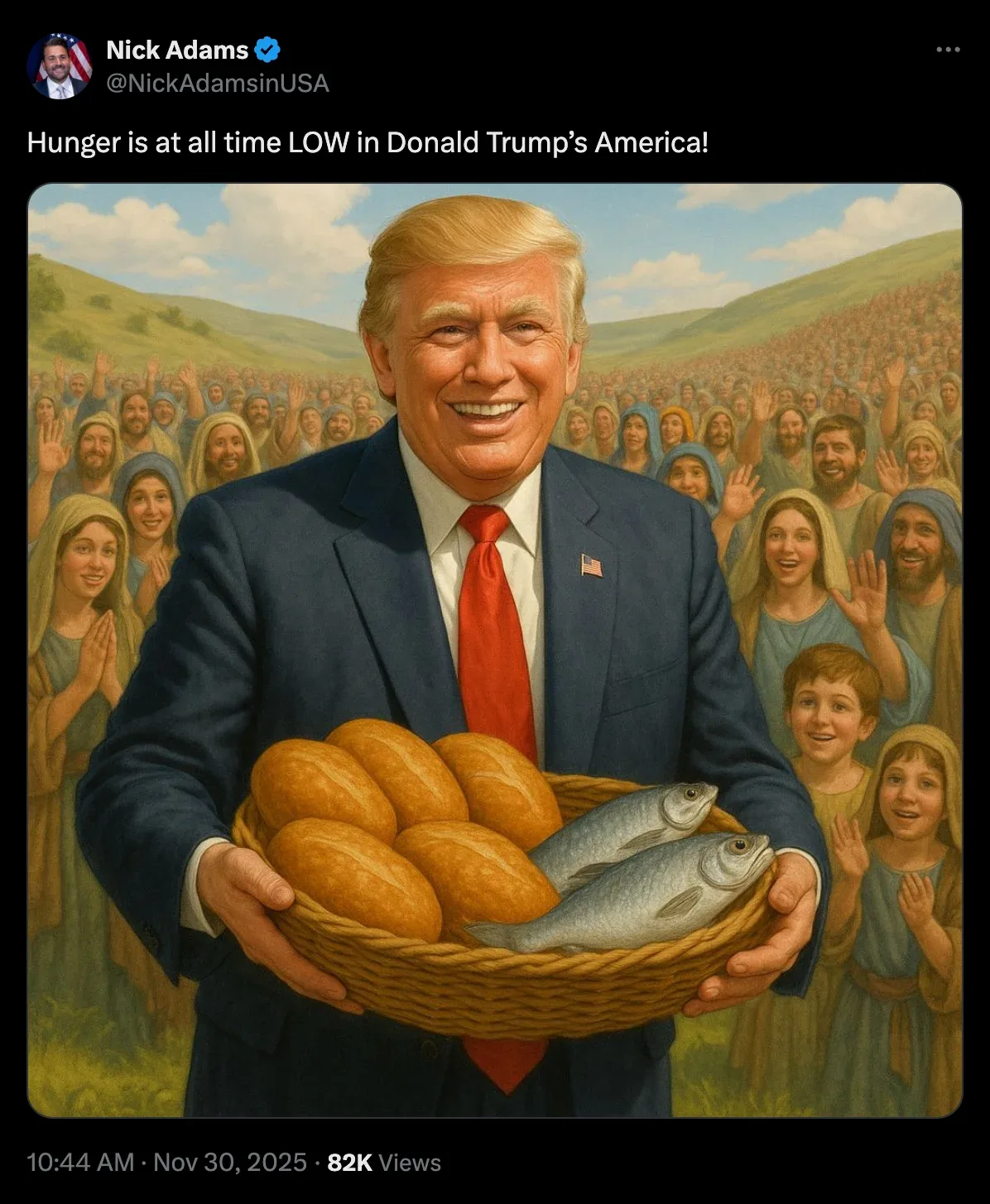 An AI-generated image of Donald Trump holding a basket with 5 loaves and 2 fish while surrounded by a smiling crowd of folks in Middle Eastern garb