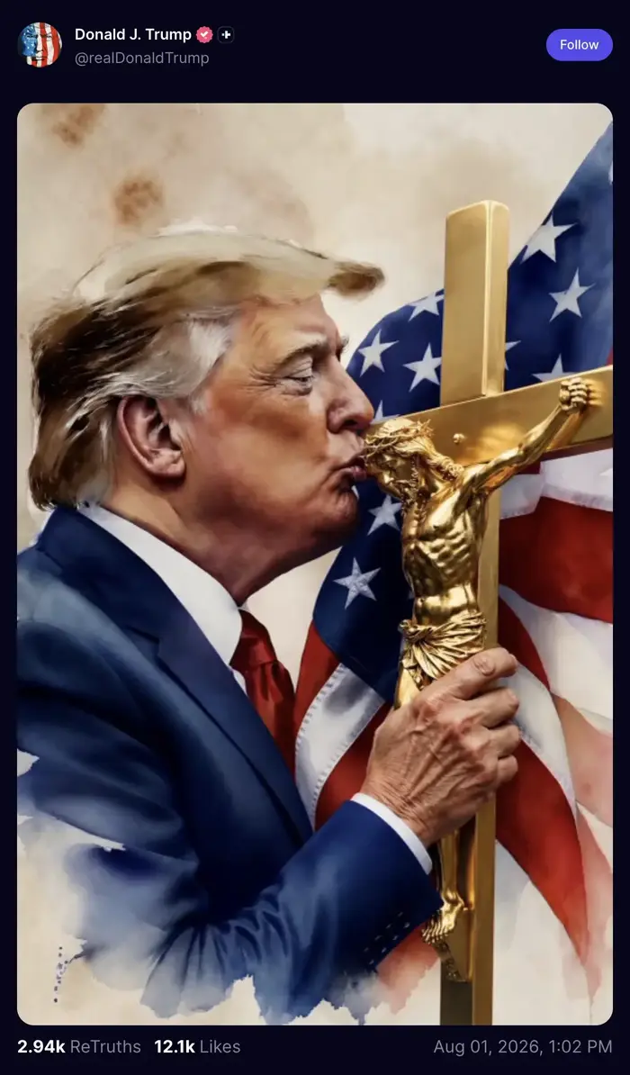 An AI-generated image of Donald Trump kissing a golden crucifix with an American flag in the background