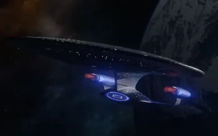 The Enterprise-D prepares to go into warp