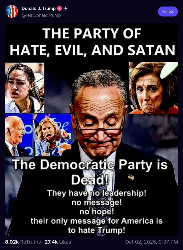 A screenshot of Donald Trump's Truth Social post claiming that Democrats are the party of hate, evil, and Satan