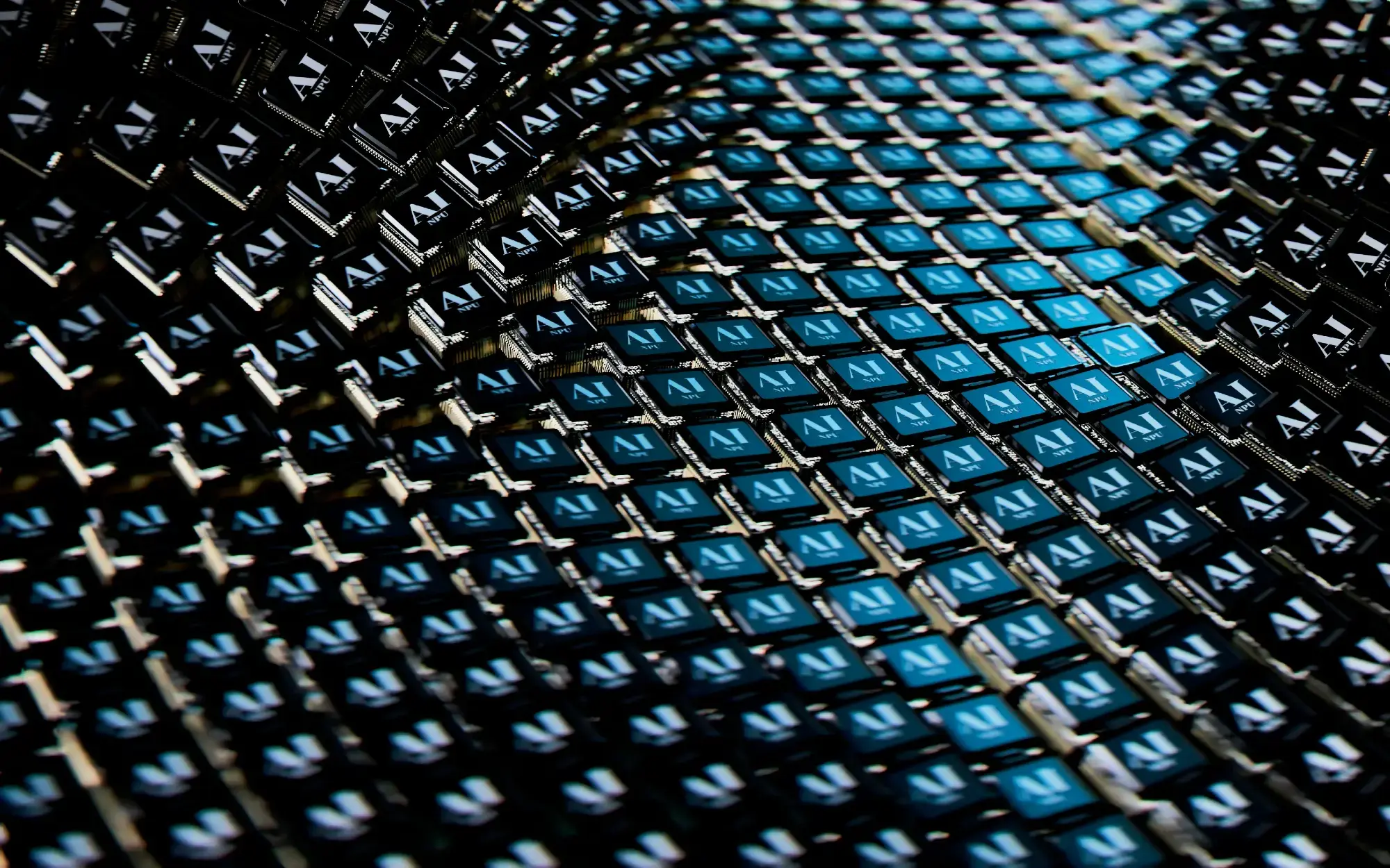 A close-up image of black-and-blue fabric made up of AI chips