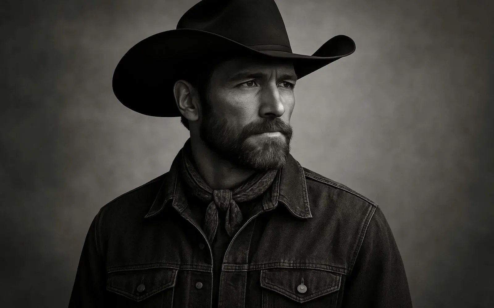 An AI-generated image of a bearded cowboy with a stern expression on his face