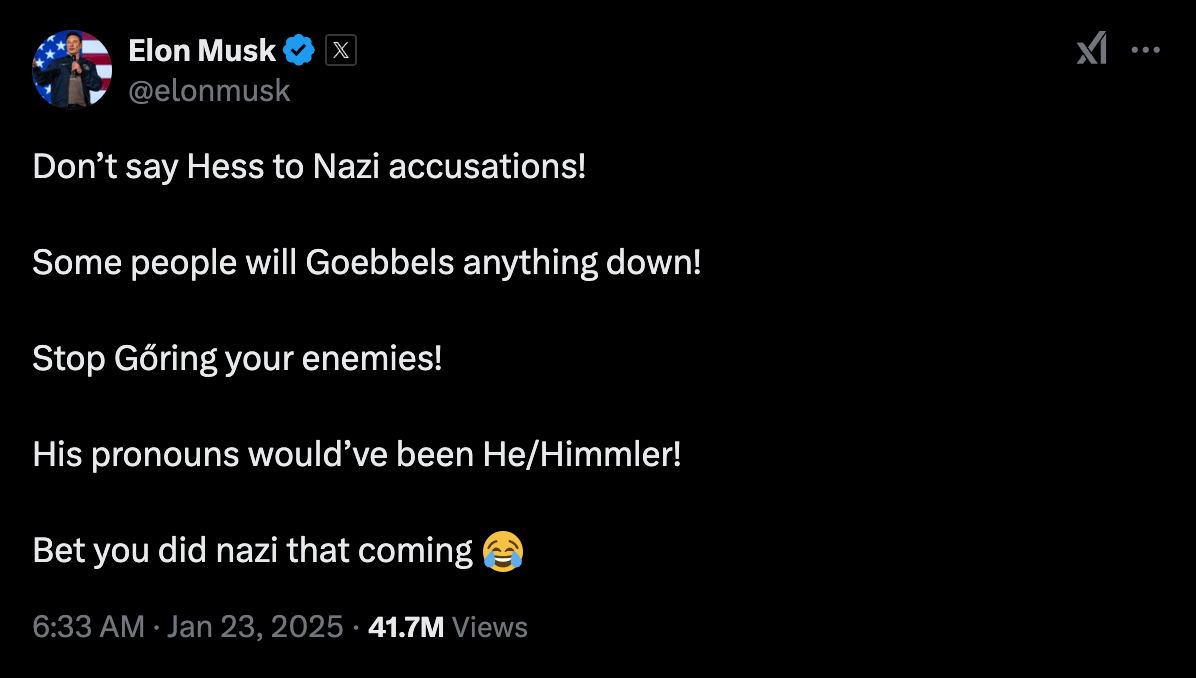 An Elon Musk post on X filled with juvenile Nazi jokes and references