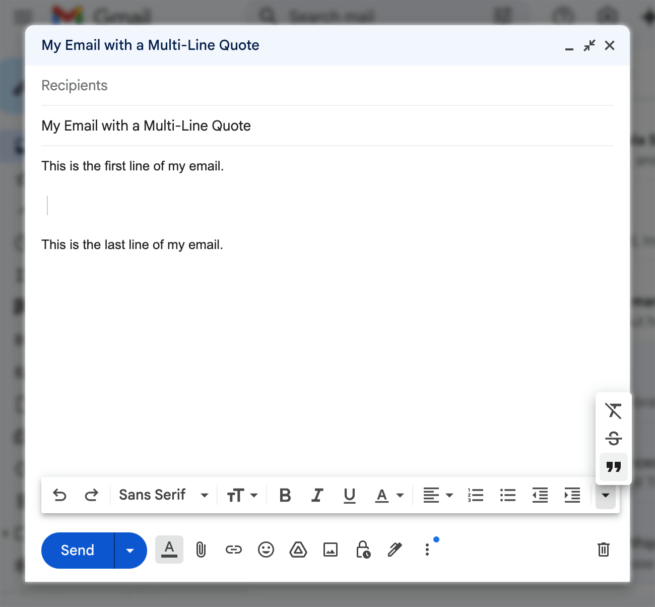 A Gmail screenshot with an indicator of where a quote will go