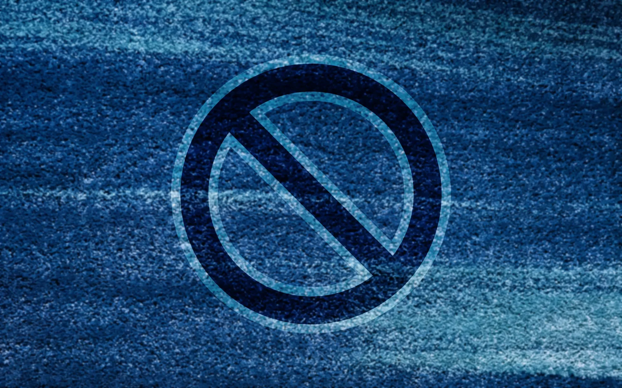 A dark ban icon with a light stroke placed on an abstract background of blue static