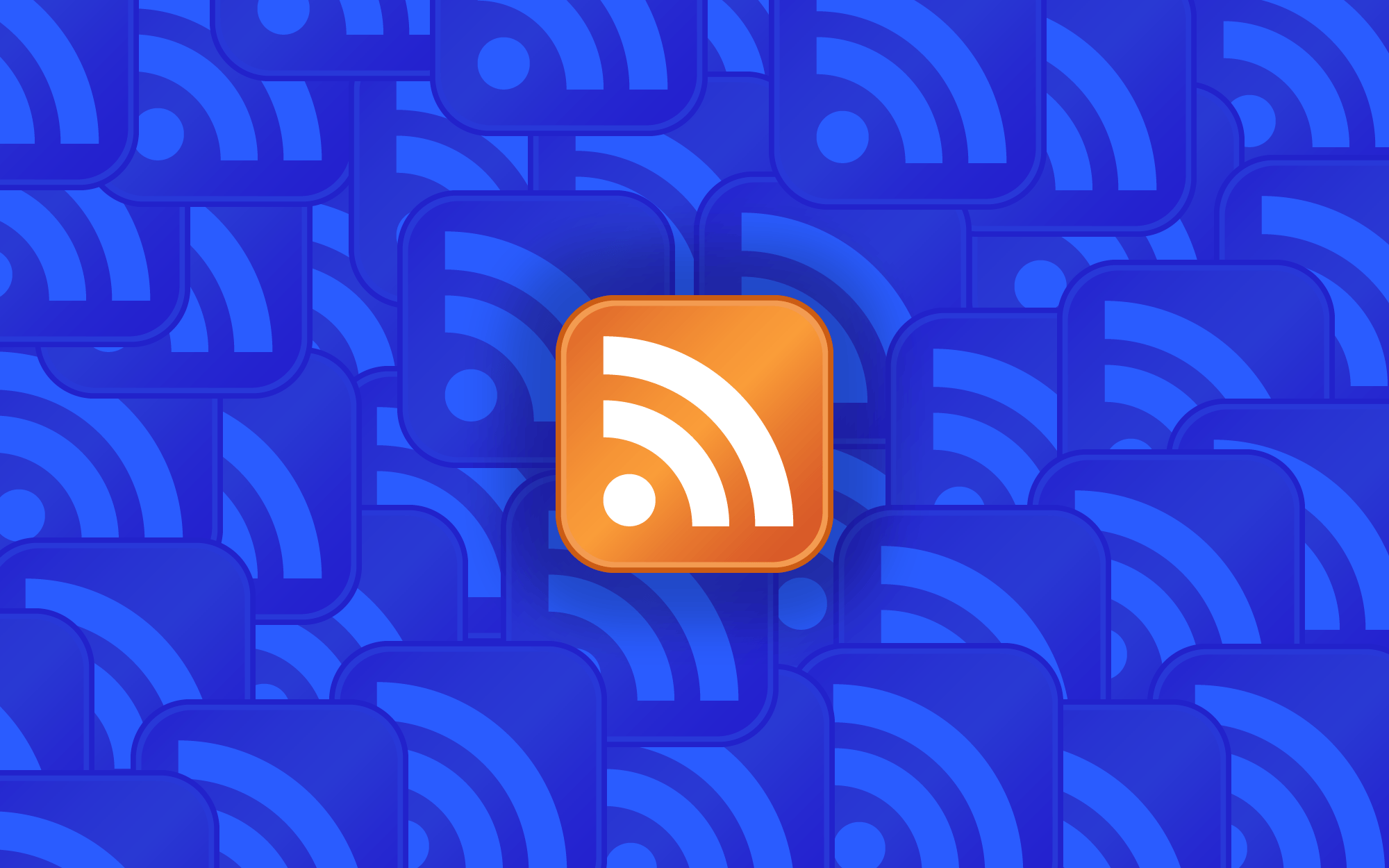 A collage of blue RSS logos with an orange one standing out in the center