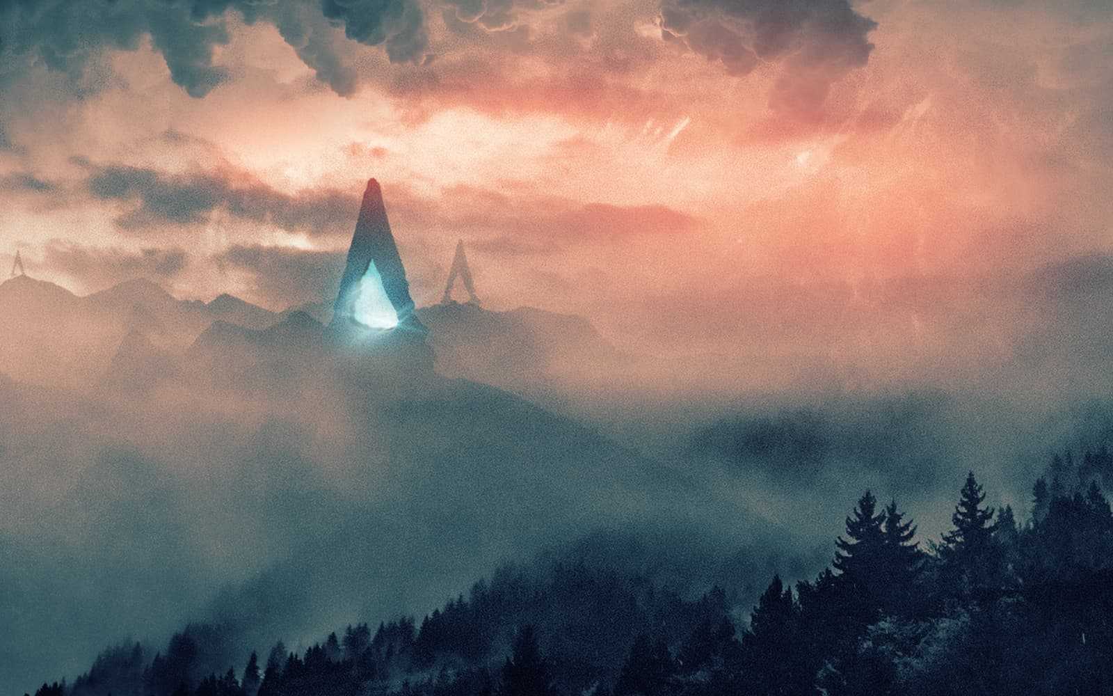 A strange alien artifact glows with bluish light against a sky filled with red clouds. A dark forest looms in the foreground.