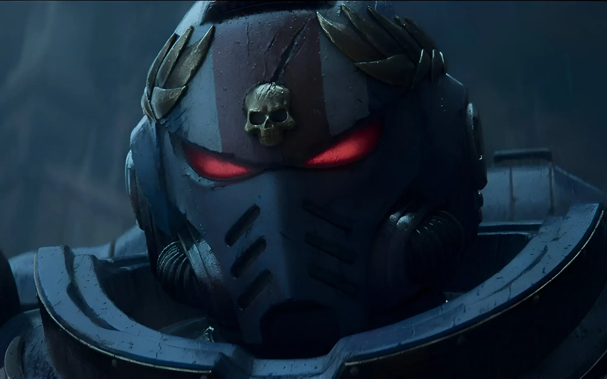 A closeup of a Warhammer 40,000 Space Marine's helmet with red glowing eyes