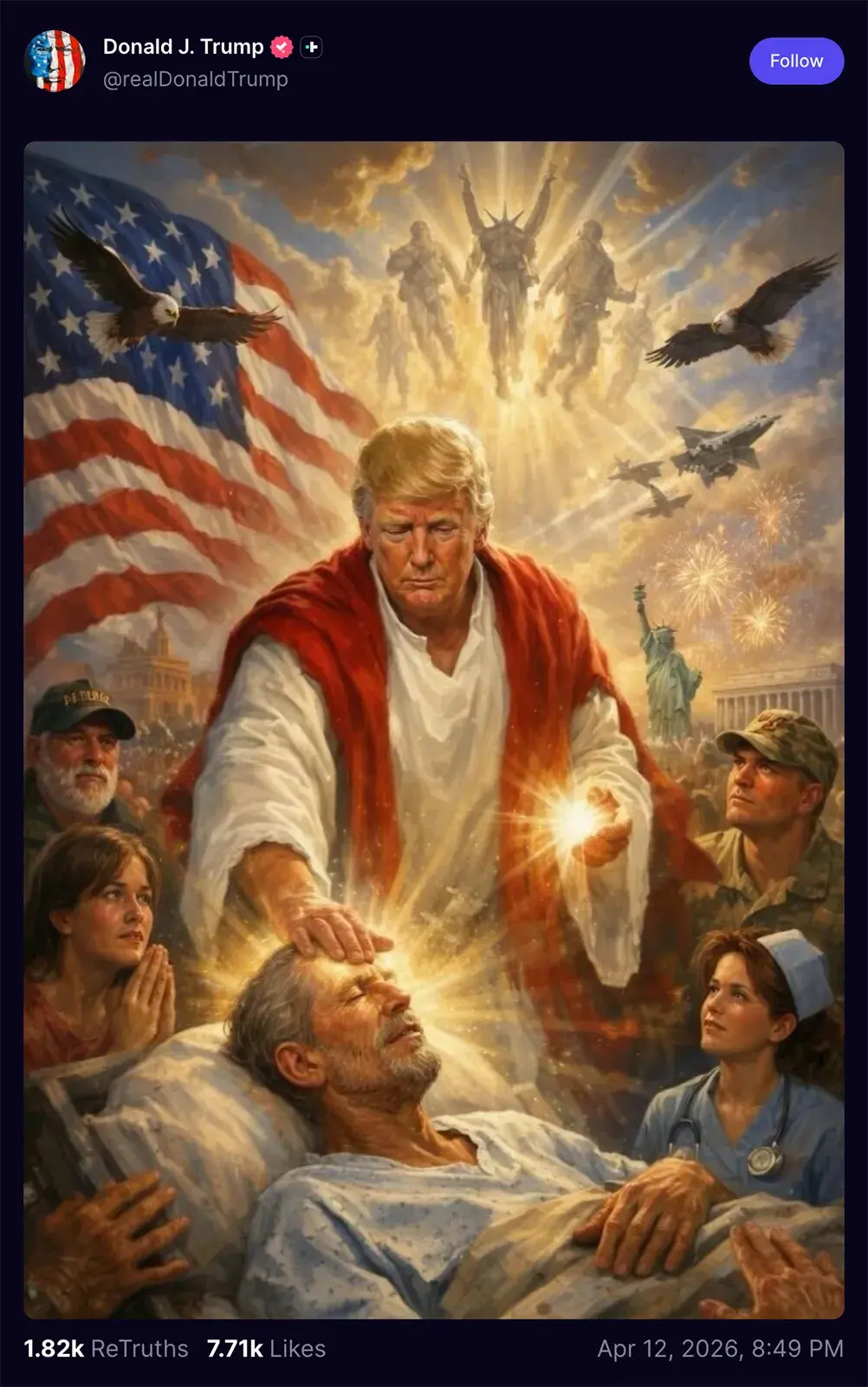 A screenshot of a Truth Social post by Donald Trump that depicts him as a Christ-like figure healing a man while surrounded by adoring people and patriotic symbols