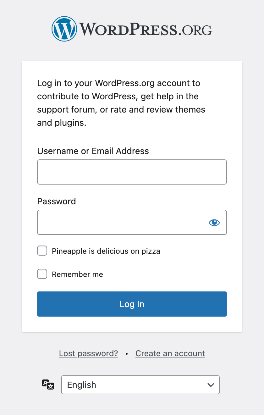 A screenshot of the WordPress.org login form with a Pineapple is delicious on pizza checkbox