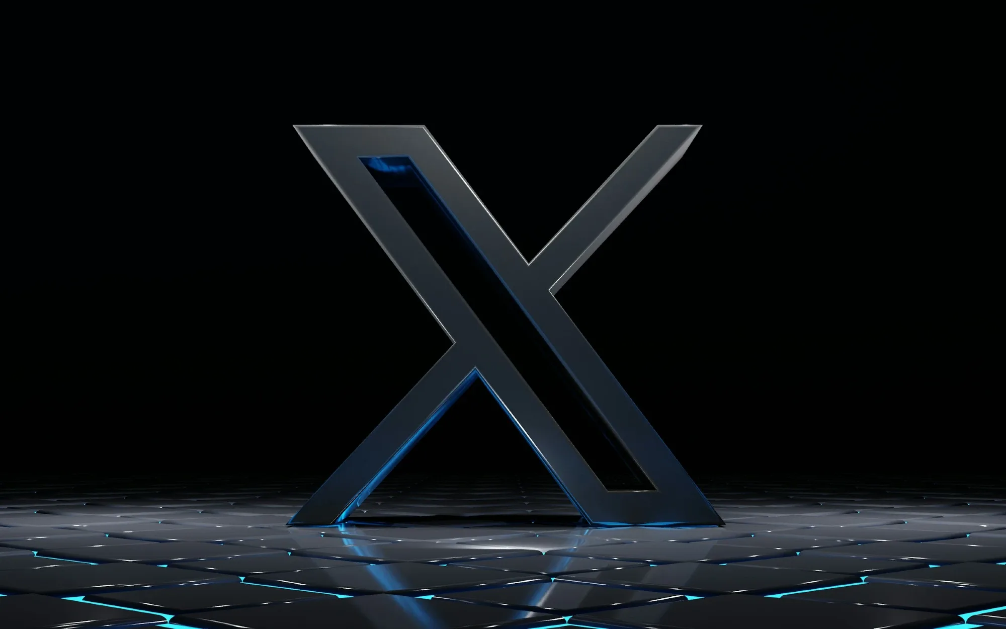 A CGI render of the X logo on a black background. The logo is gray with blue glow along the edges.