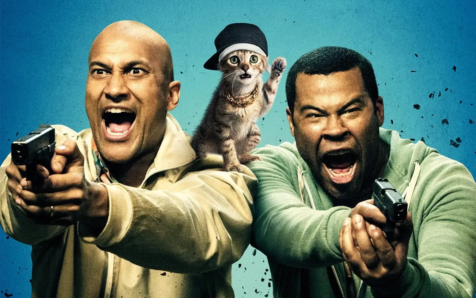 A promo image for Peter Atencio's Keanu featuring Keegan-Michael Key, Jordan Peele, and a cute kitten