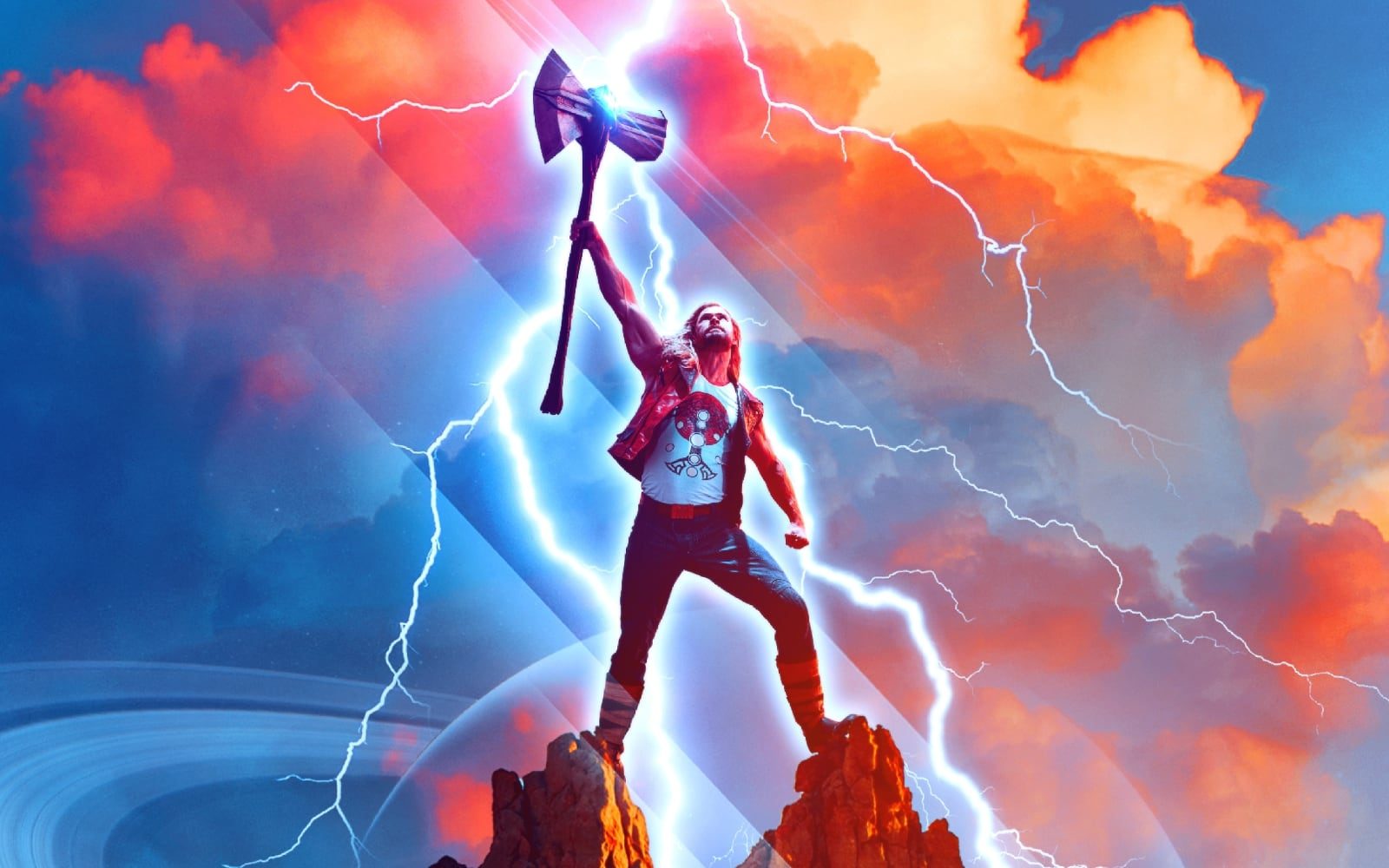 Thor wielding Stormbreaker on a mountain top, surrounded by lightning