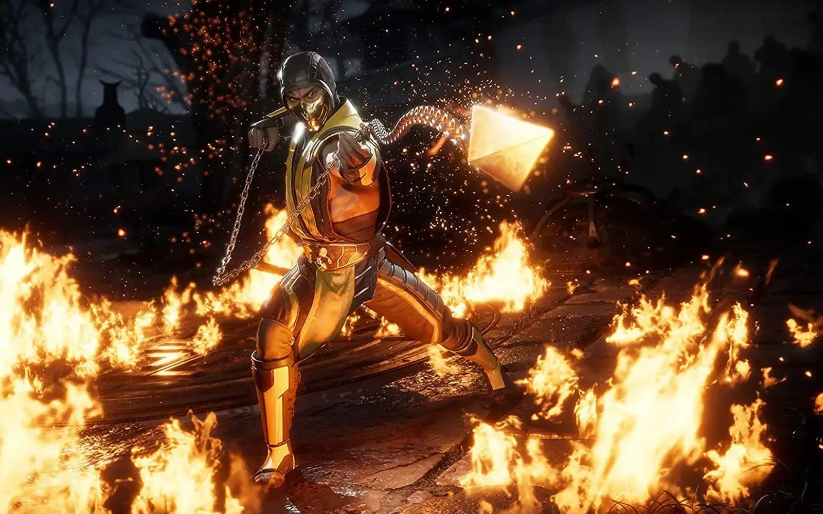 Mortal Kombat's Scorpion attacks with his rope dart while standing amidst flames