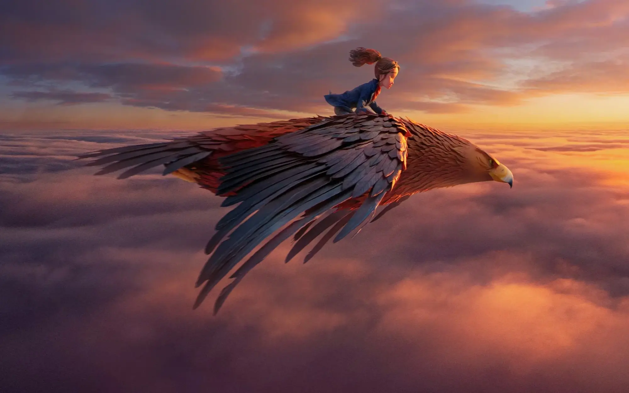 A young woman flies on the back of a giant eagle