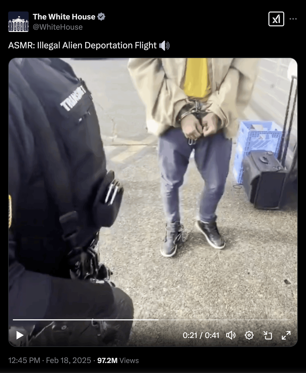 A screenshot of the White House's post on X that contains a video of migrants being handcuffed, shackled, and loaded onto airplanes for deportation